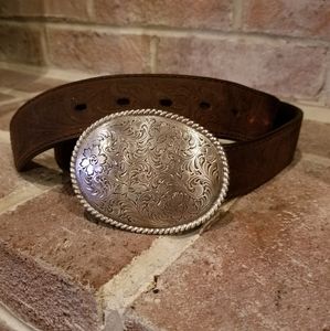 Tooled genuine leather belt with buckle